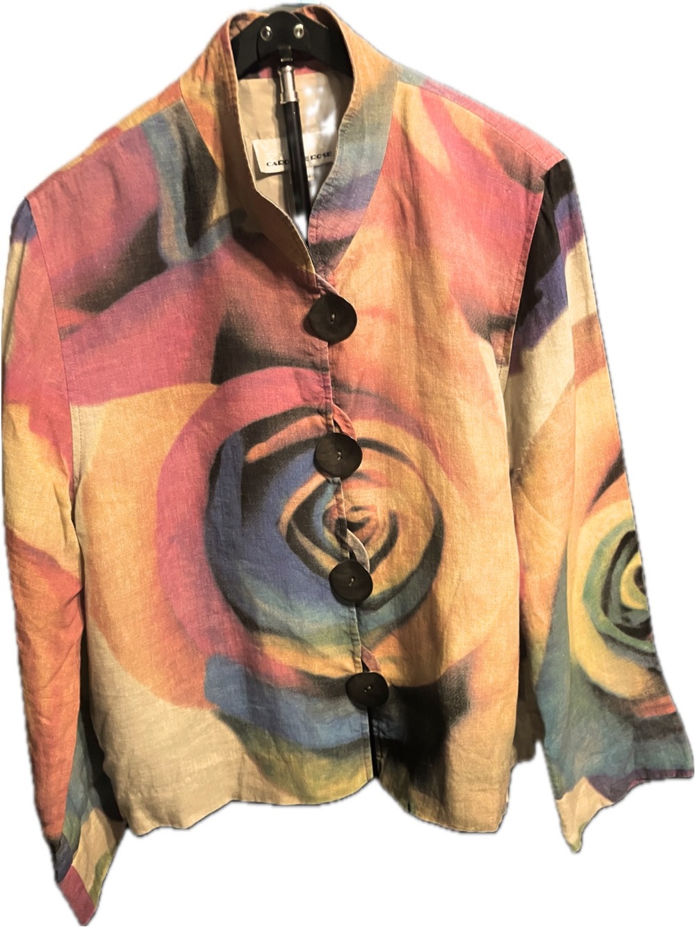 Caroline Rose Multicolor Floral Rose Linen Jacket Art to Wear Size M